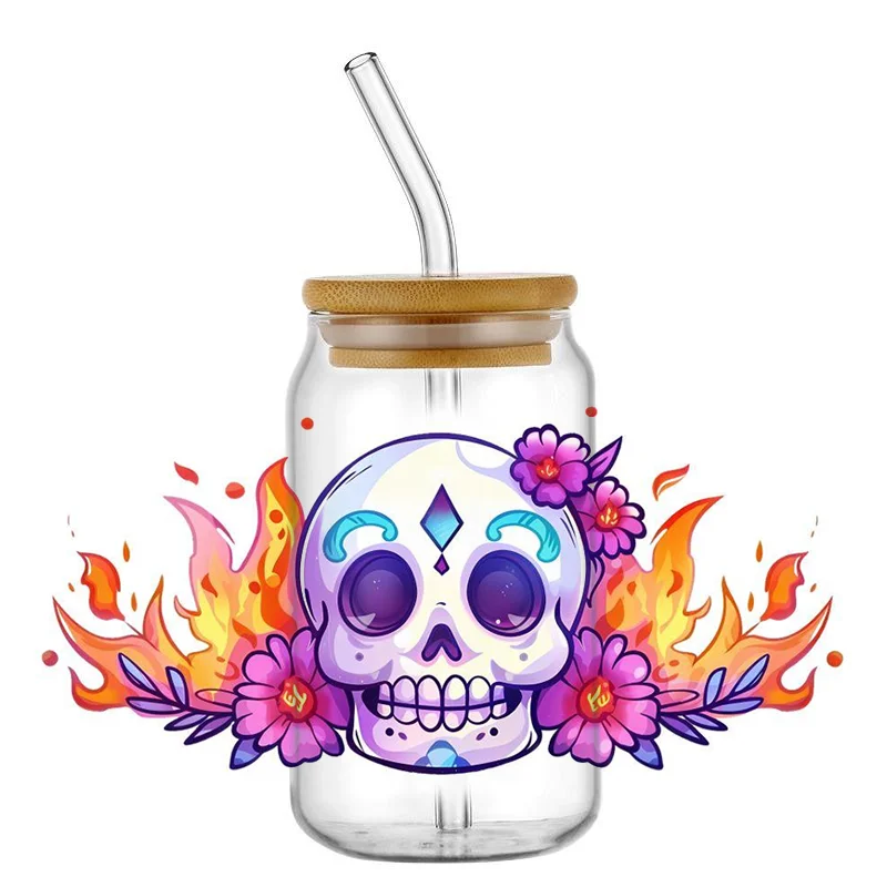 cartoon Pastel Sugar Skull UV DTF Wraps, Day of the Dead Floral & Star Stickers for 16oz Glass Cans, Waterproof DIY Decals