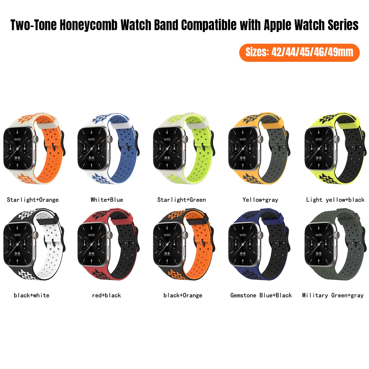 Silicone Band for Apple Watch 42 44 45 46 49mm Breathable Strap for Iwatch Series 11 10 9 8 7 6 SE3 Two Tone Bracelet Correa