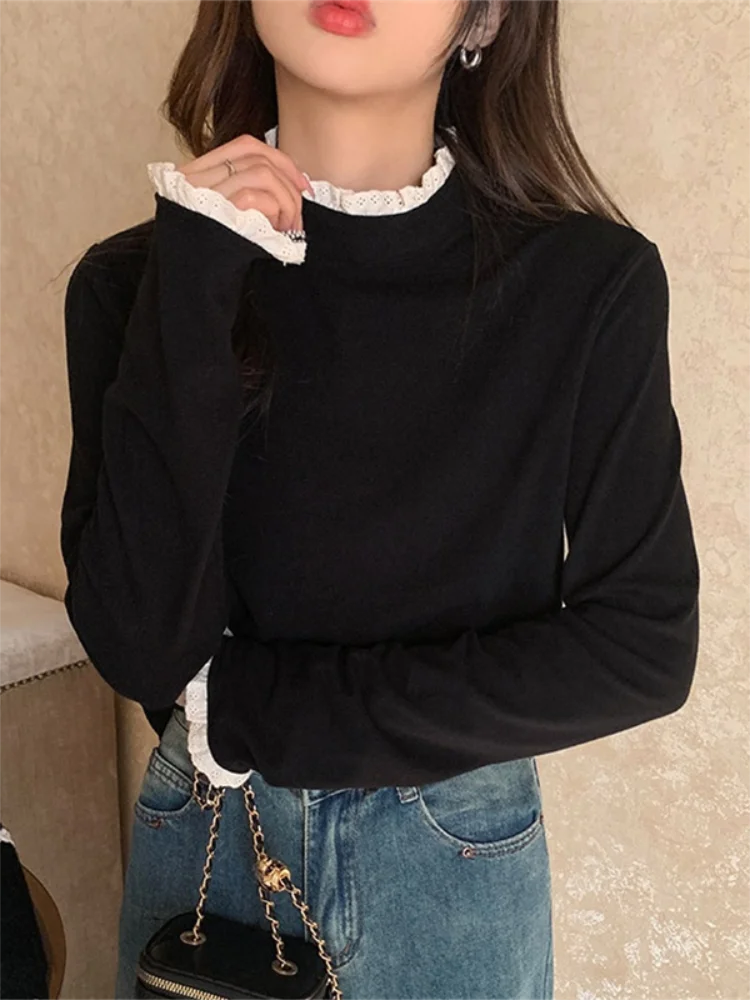 Haut chaud basique à col mi-haut pour femmes, T-shirt à manches longues, coupe cintrée, avec dentelle, Patchwork, automne hiver