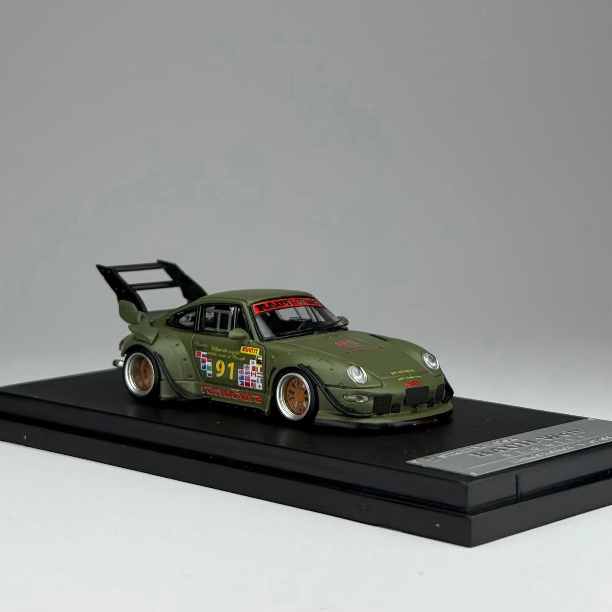SW 1:64 Rauch-Welt Wide Body Modification, Porsche RWB993 Matte Green F40 Wide Body Modified Alloy Die cast Car Model