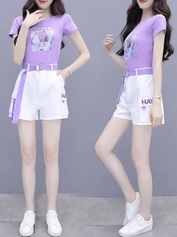 

Летний комплект 2026: Женский повседневный спортивный костюм-двойка больших размеров с шортами, высокой талией, свободного кроя, в корейском стиле, для города, модный комплект