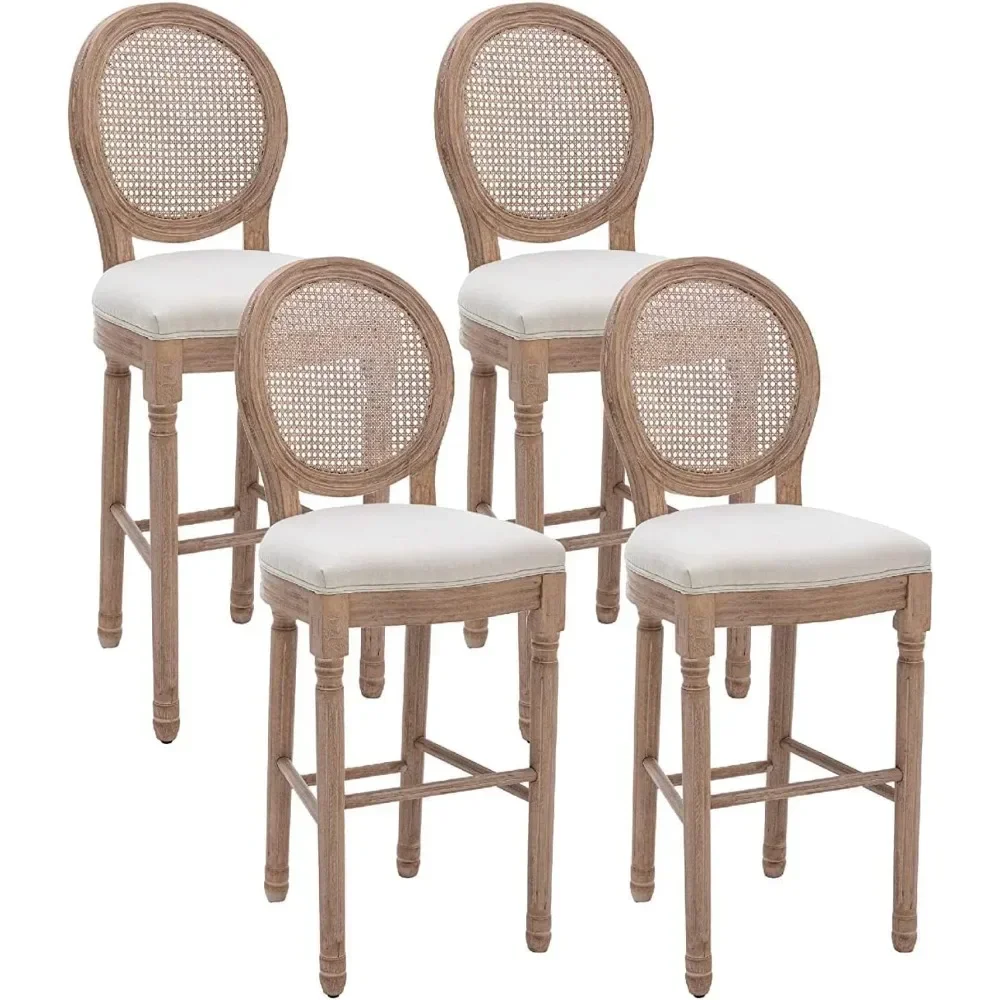 

French Country Bar Stool Set of 4, Rattan Counter Height Chairs with Solid Wood Frame and Upholstered Seating, 26 Inch