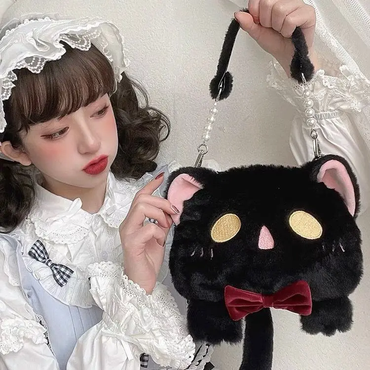 Autumn/Winter Lolita JK Bag One-shoulder Black And White Cat Bowknot Sweet Cute Plush Bag Portable Slant Straddle Female Kawaii