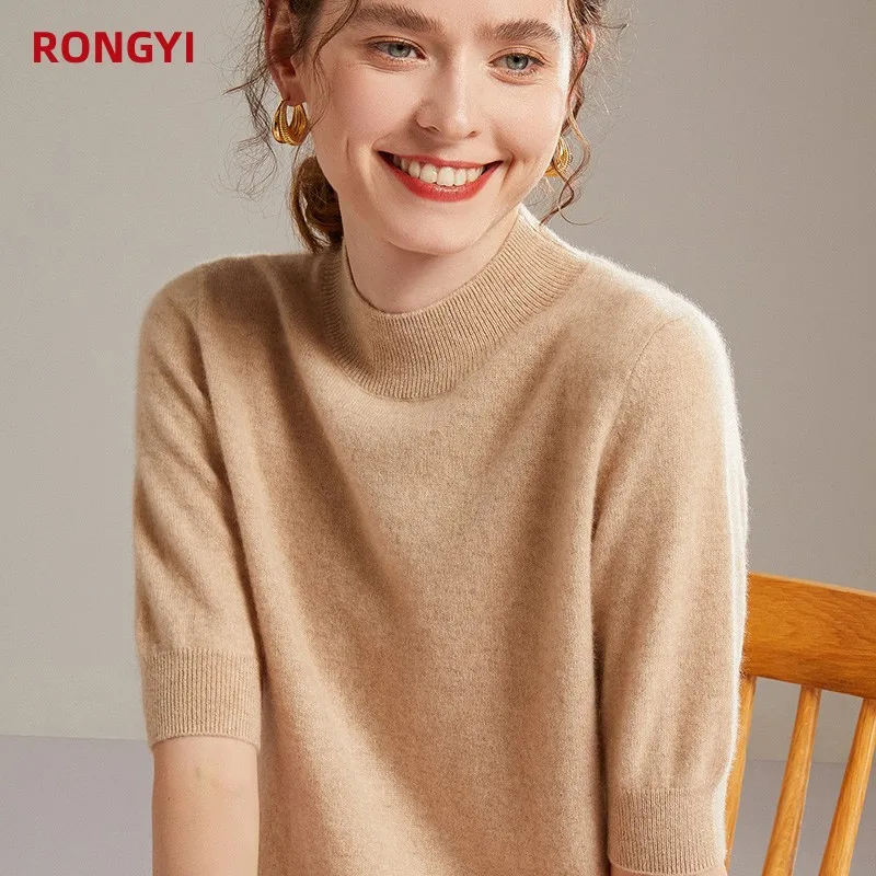 RONGYI  100% Pure Cashmere Short Sleeve T-Shirt Ladies Knitted Pullover Half Sleeve Sweater