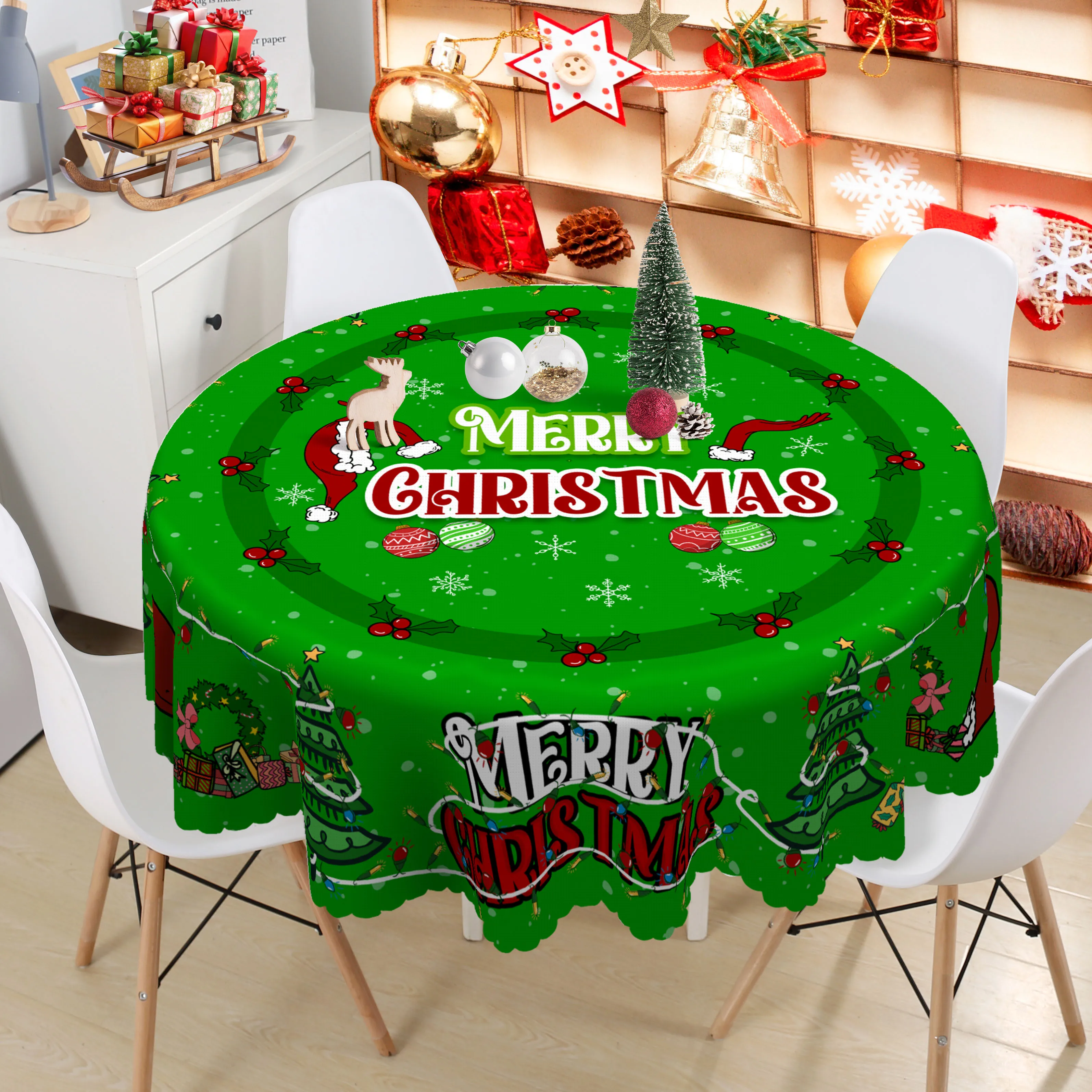 Green Grinch-Themed Tablecloth, Simple and Cute Christmas Tree, Peace Bag, Christmas Hat, Exquisite Gift Box, Berry Print Pattern, Central 