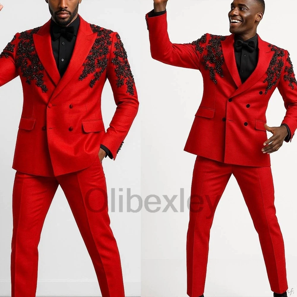 Olibexley Luxury Crystals Beading Men Suits Prom Blazer Pants 2 Pieces Sets Male Tuxedos Formal Wear Outfits Customized S443
