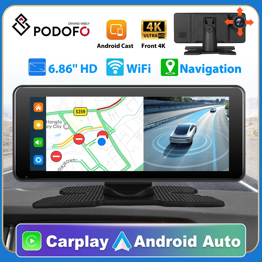 

Podofo 6.86" 4K Dash Cam Rearview Camera Carplay & Android Auto DVR Navigation Recorder Dashboard BT FM AUX