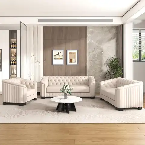Modern 3-Piece Sofa Set with Rubber Wood Legs, Velvet Upholstered Couch Set Including Sofa, Loveseat, and Chair for Living