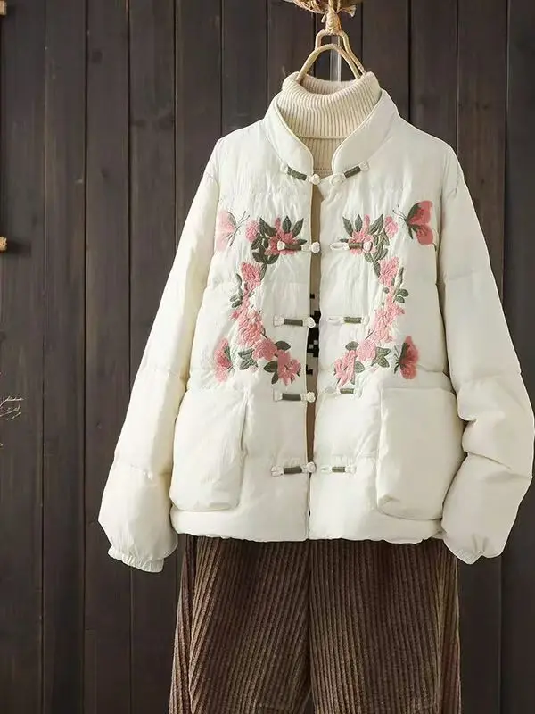 

Authentic Heavy Embroidery Stand Collar Cotton Jaet Women's New Sle Winter Lightweight National Sle Button Outerwear