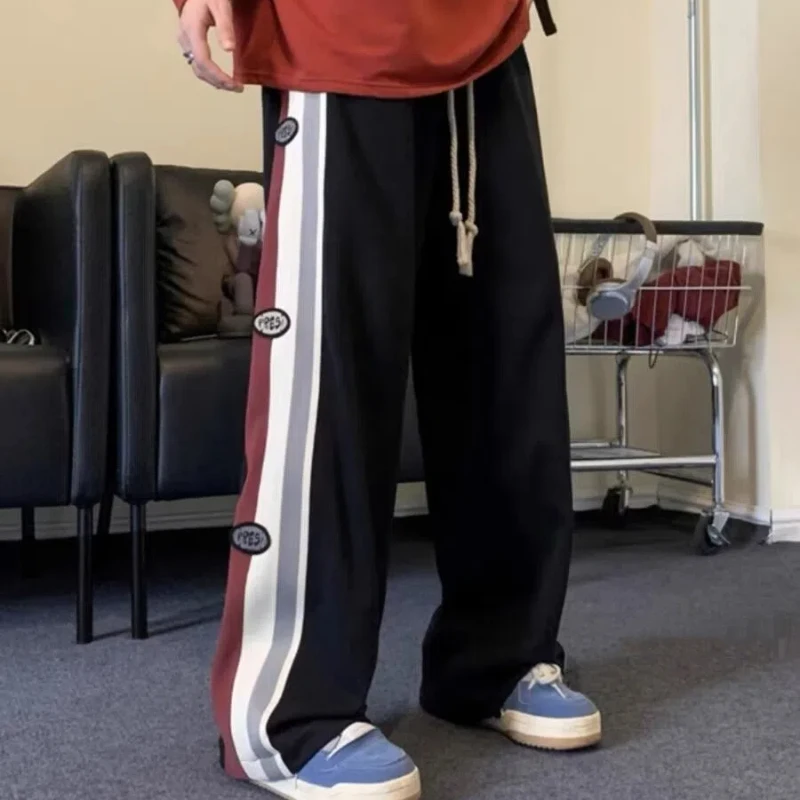 2024 Spring American Style Men's Patchwork Striped Contrast Color Printed Straight Loose Drawstring Elastic Waist Casual Pants