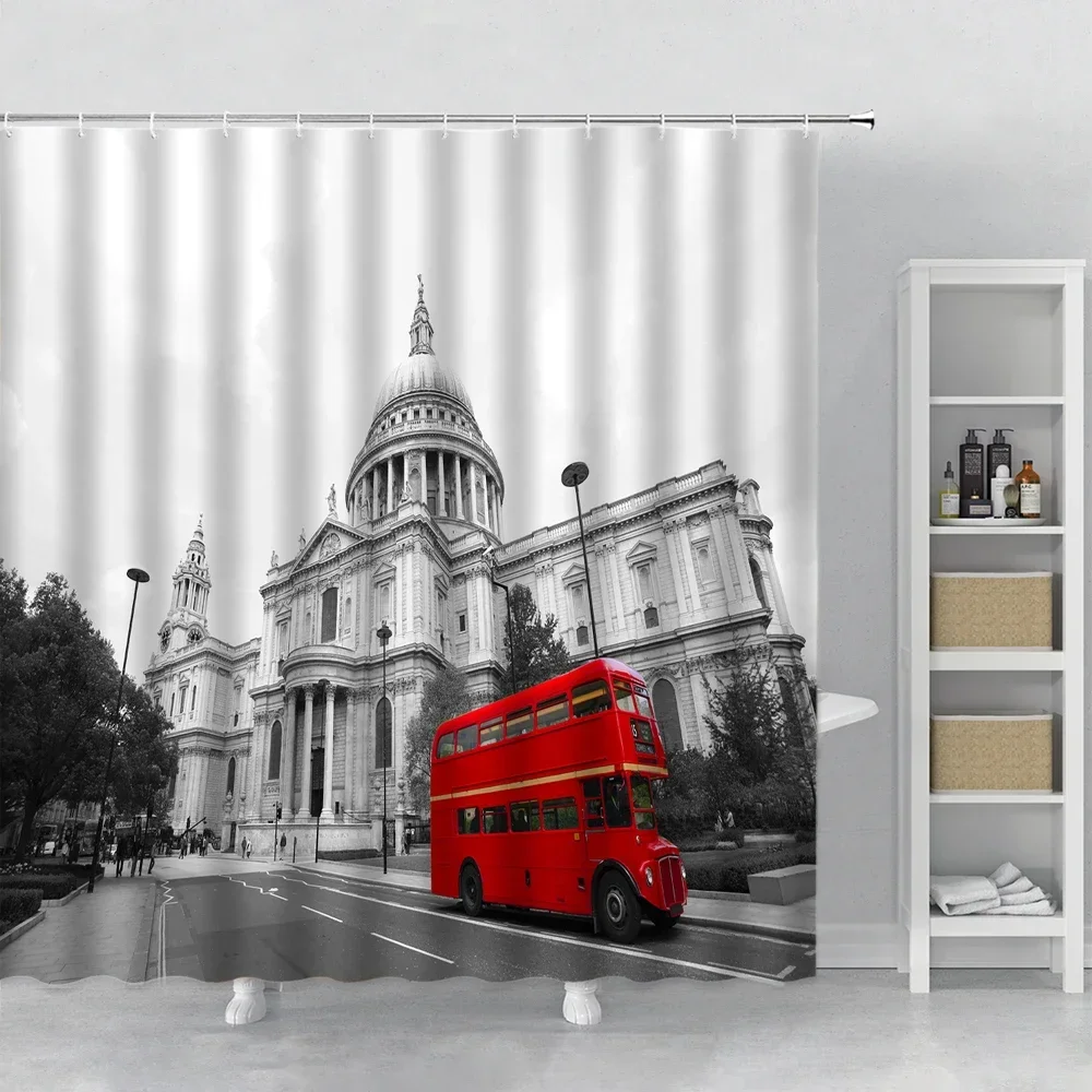 Retro Black White Building Landscape Shower Curtain London Street View Red Bus Print Polyester Fabric Bathroom Bath Curtains Set