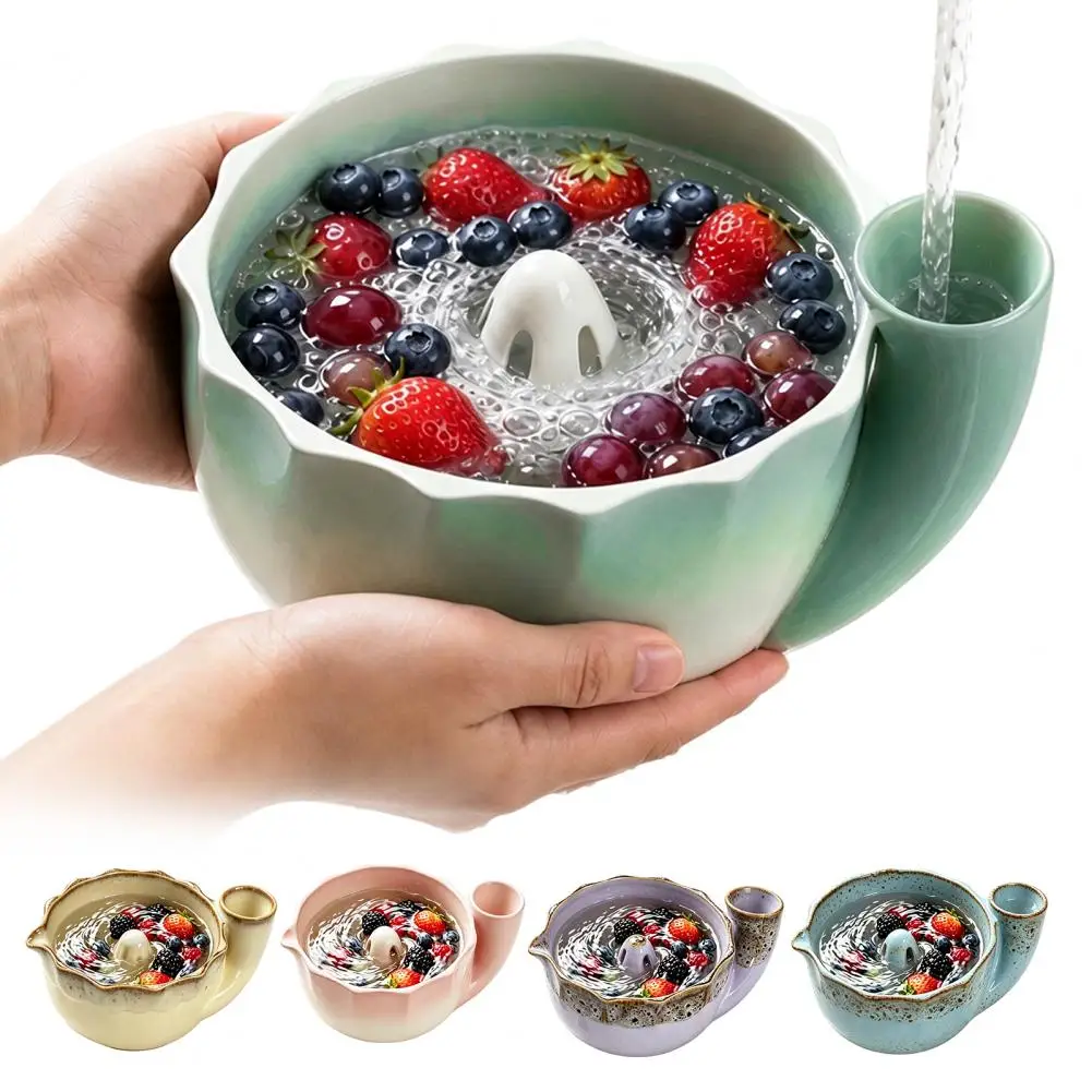 Ceramic Fruit Strainer Vegetable Drainer Basin Ceramic Berry Bowl with Strainer Holes Self-spinning Vortex Fruit Washer 360°
