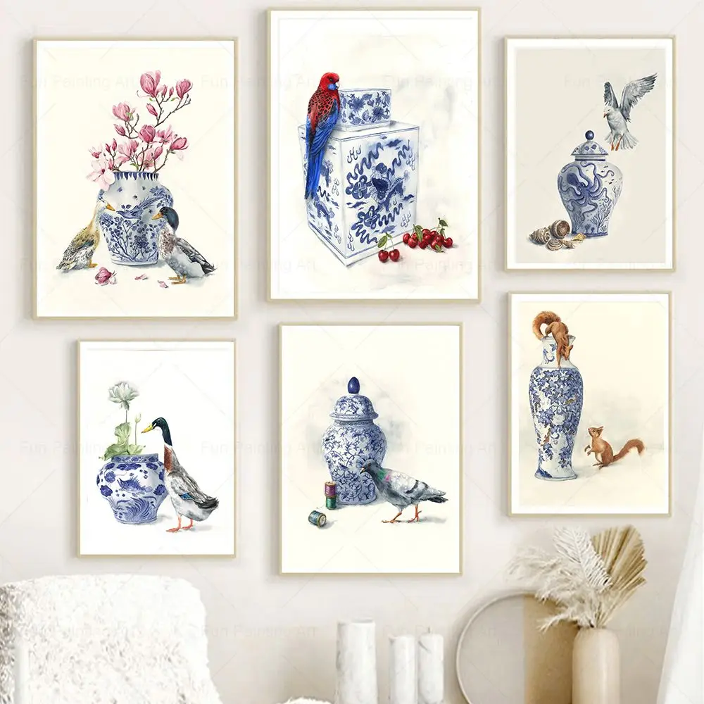 Vintage Blue White Porcelain Vase Flower Animal Canvas Painting Print Duck Bird Squirrel  Wall Artwork Posters Living Room Decor