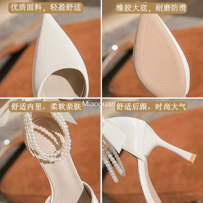 Décolleté in seta alla caviglia bianco perla Design 8cm tacchi alti décolleté da donna Stiletto Sexy con cinturino a fiocco abito da sposa scarpe da