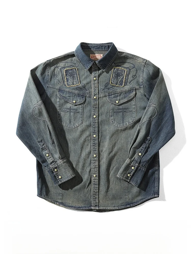 

Joker Devil Card 270G Gambler Embroidered Vintage Yellow Mud Waed Narrow Denim irt American Sle Loose Fit Long Sve C...