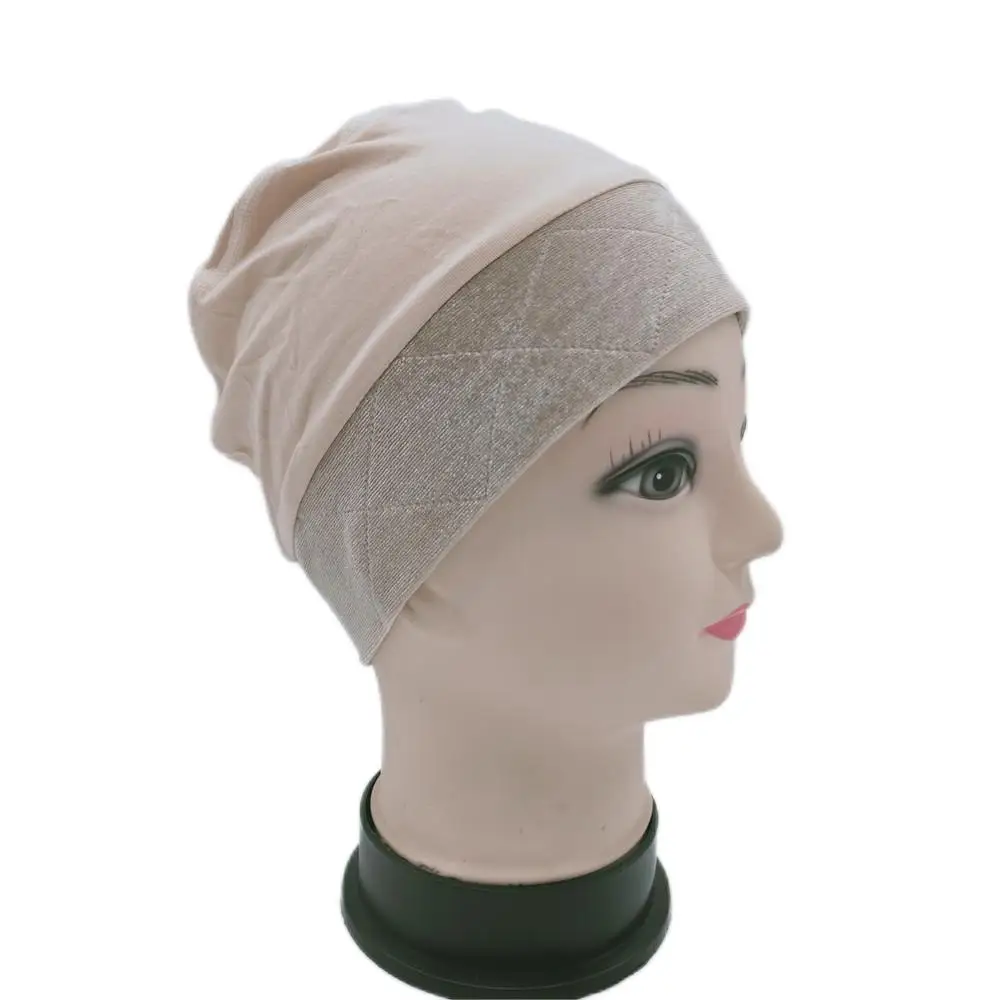 Beige color wig grip cap with velvet headband around for cancel patients comfortable and elastic