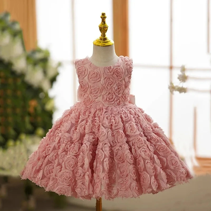 Vestido de tul con bordado de rosa para niños, vestido de fiesta de cumpleaños, vestido de desfile para niñas, vestido de princesa para niñas