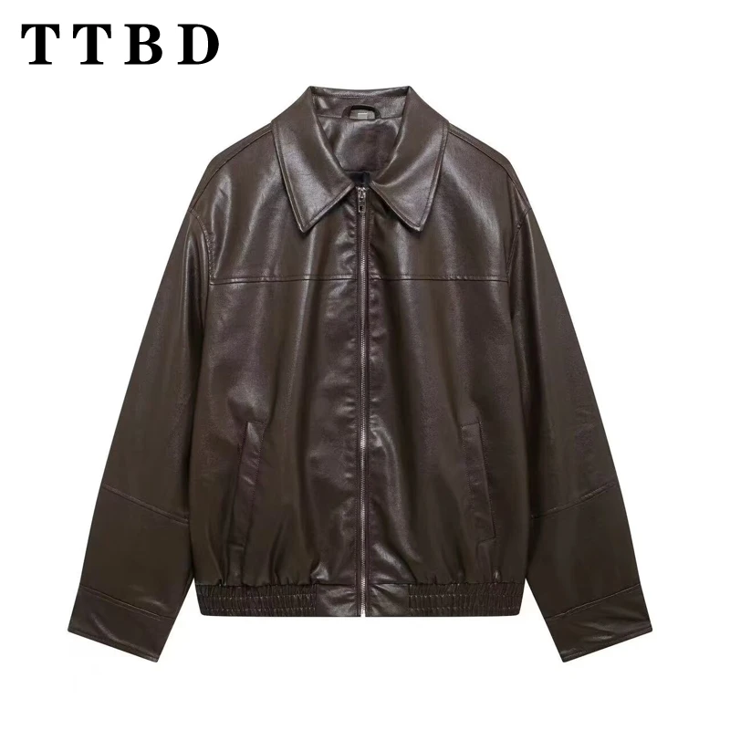 

TTBD 2024 New Autumn Winter Women's Streetwear Solid Color Long Sleeve Zipper Jacket Turn-Down Collar Casual Coat