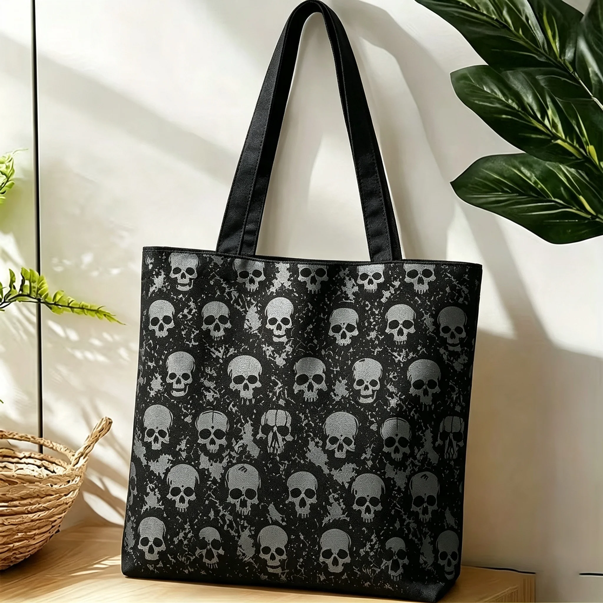 Schwarze Vintage-Tragetasche mit Totenkopf-Print, Gothic-Punk-Stil, große Kapazität, lässige Damen-Umhängetasche für Shopping und Reisen – Detail 5
