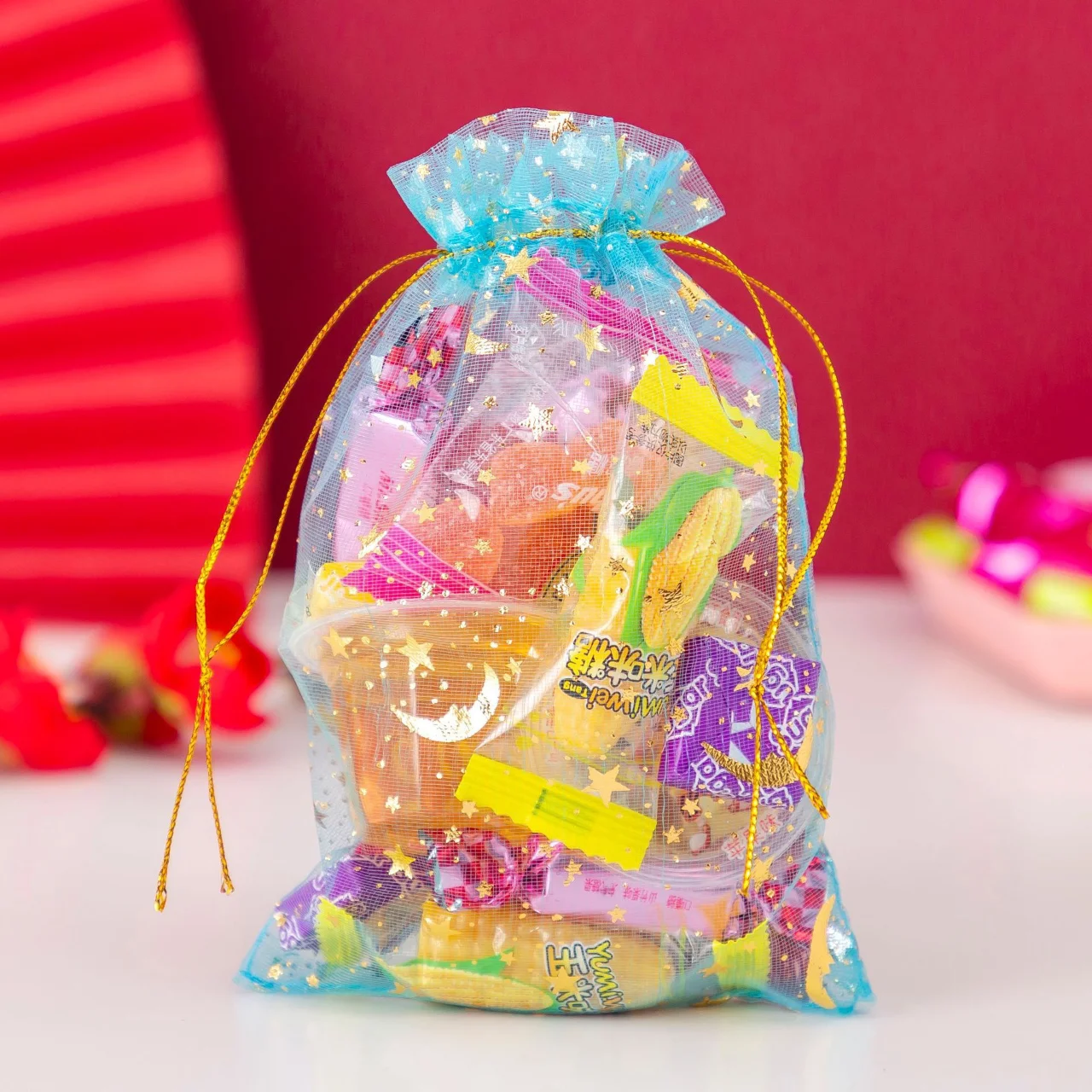 50PCS Light Blue Moon Stars Drawstring Organza Bags Jewelry Gift Bags Pouches Organza Favor Pouches for Christmas Wedding
