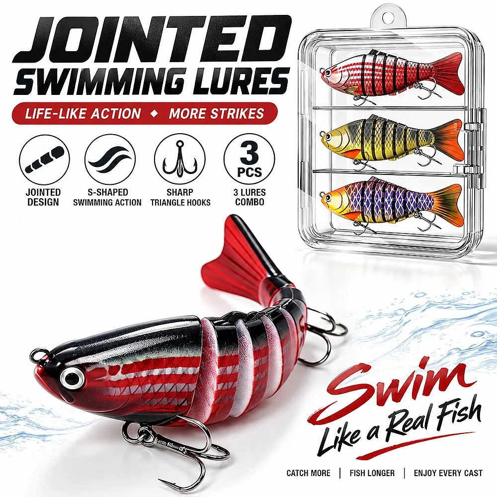 Jointed Swimbait Lure 7 Segments Slow Sinking Hard Bait 3/5/10 Pack Wobbler with Rattle 3D Eyes for Bass Pike in Lake River