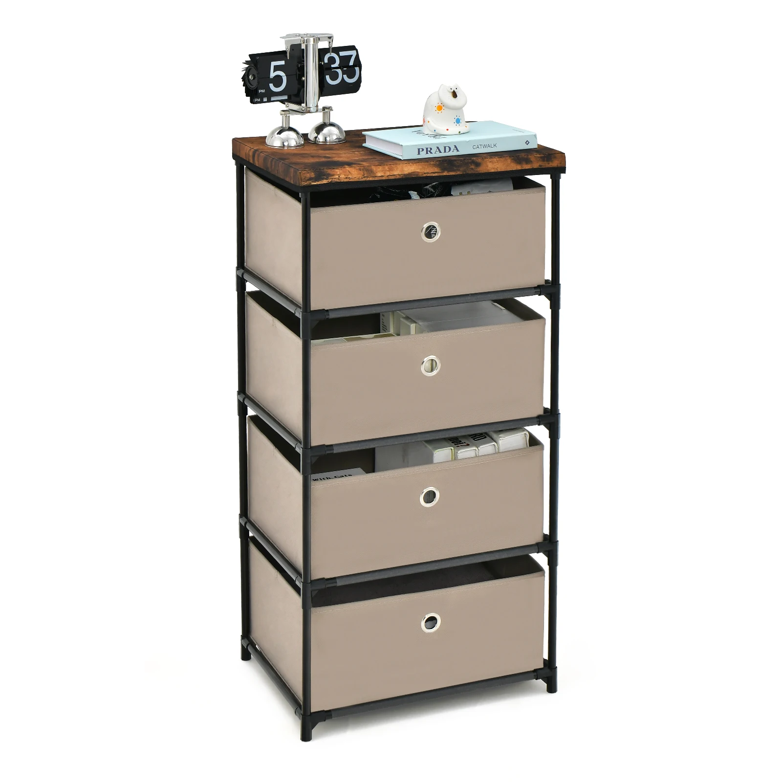 GOFLAME 4-Tier Fabric Dresser, Fabric Nightstand w/ 4 Drawers, Home Organizer Unit w/ Sturdy Metal Frame