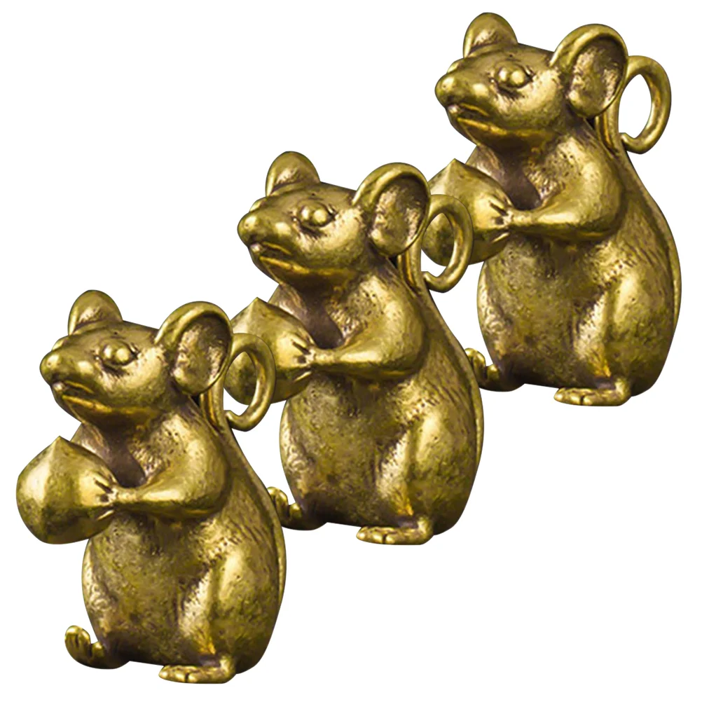 3 Pcs Brass Mouse Keychain Animal Vintage Rats Statue Desktop Decor Figurine Retro Decoration Tabletop Adornment Craft Ornament