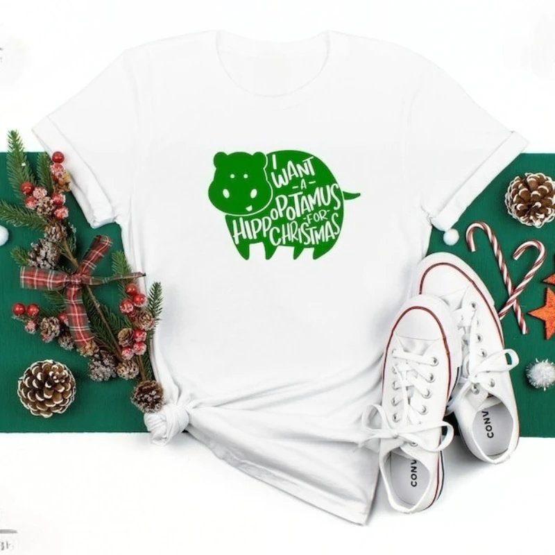 I Want A Hippopotamus for Christmas Cotton T-Shirt Funny Christmas Shirt  Hippopotamus Lover Holiday Fashion Casual Comfortable