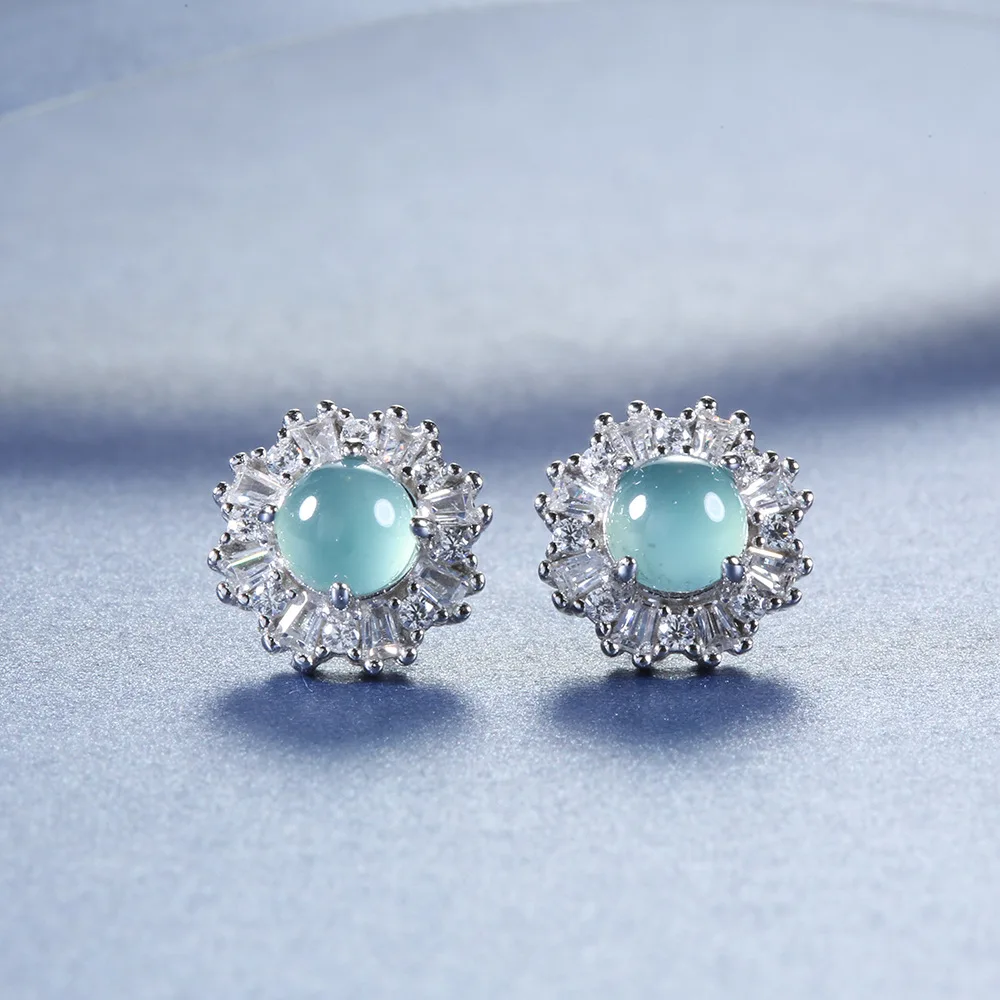 

18K Gold Inlaid with Natural Hazardous Material Blue Water Jade Sunflower Earrings, Small and Fresh Platinum PT950 Earrings