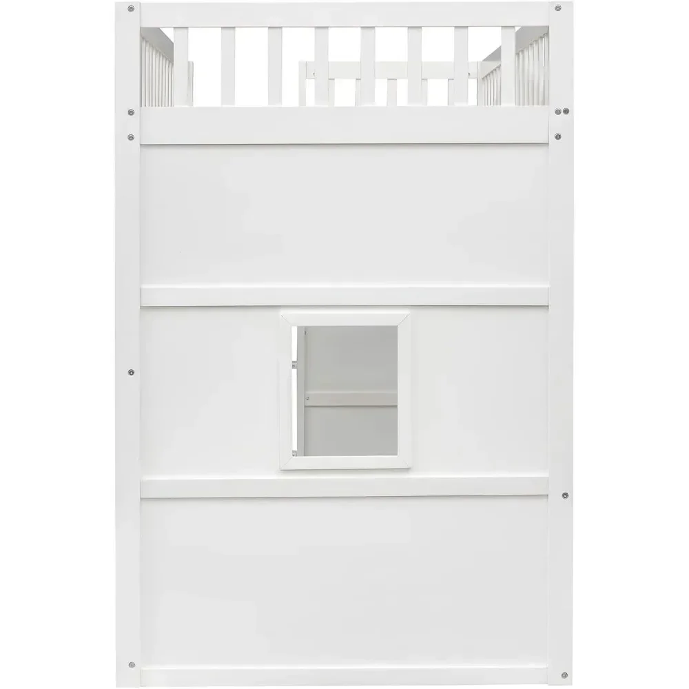 Marcos de cama doble Casa Loft Cama doble para niños Playhouse Cama, Estructura de cama tipo loft de madera maciza con ventana y escalera, para niñas y niños