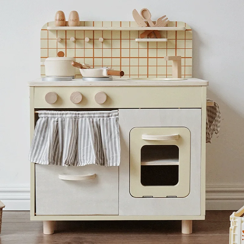 

Cream Style Wooden Pretend Play Set Kids Large Kitchen Refrigerator Washing Machine Toy Kid Montessori Role Play Furniture