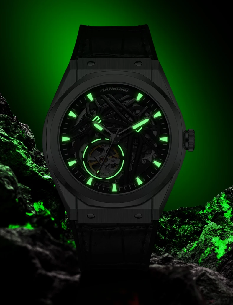 HANBORO ผู้ชายนาฬิกาอัตโนมัติ 42 มม.นาฬิกาข้อมือ 5Bar Luminous Hollow Out Dial Miyota 82S0