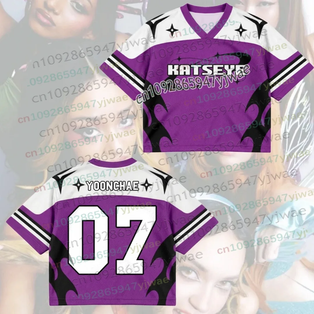 KATSEYE New Tour Tribal Purple Mesh Jersey Kpop Lara Merch Geschenk für Fans Herbst Herren Damen Kurzarm T-Shirt Kpop Fans Geschenk – Detail 8