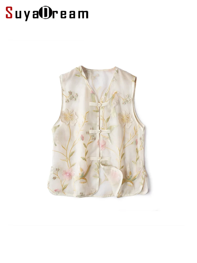 

SuyaDream. Women Silk Vest, 100%organza silk, Floral Embriodery Sleeveless Chic T Shirts, 2024 Vintage Tanks