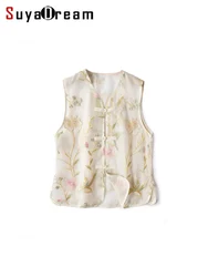 SuyaDream. Women Silk Vest, 100%organza silk, Floral Embriodery Sleeveless Chic T Shirts, 2024 Vintage Tanks