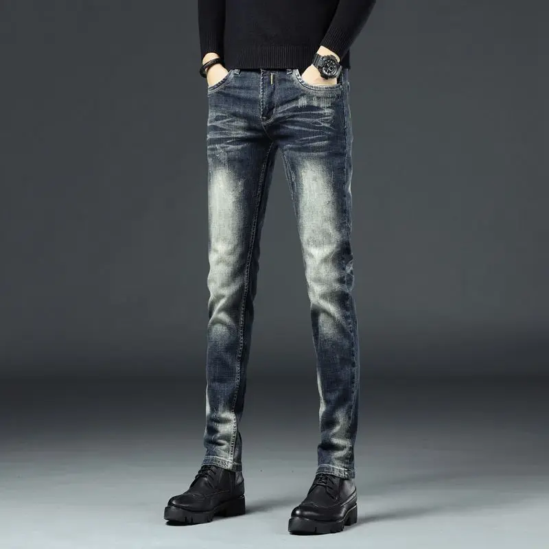 

Spring and Autumn Jeans Men's Trendy Slim Fit Small Feet Korean Edition Versatile Casual Straight Simple Scratched Pants