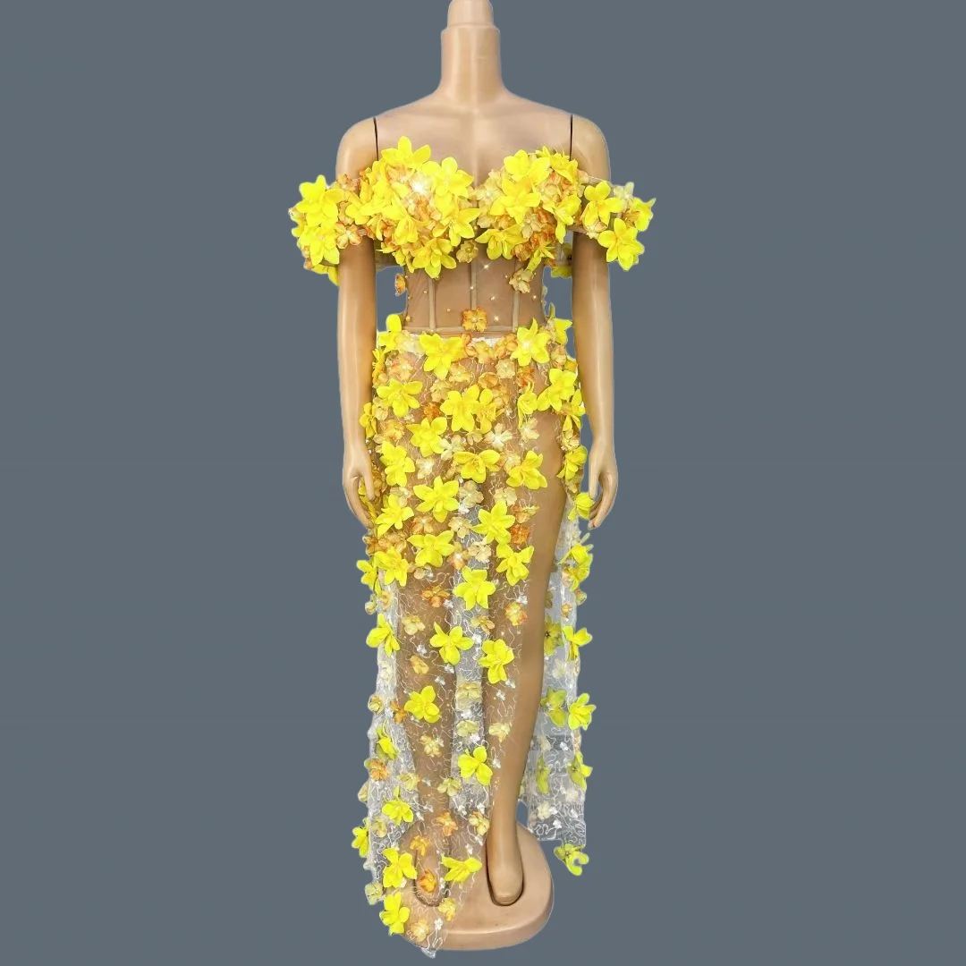 3D イエローフラワー クロップトップス ロングスカート 2 ピースセット 誕生日 プロム ストラップレス イブニングドレス ショーナイトアウト パーティー衣装 黄花班