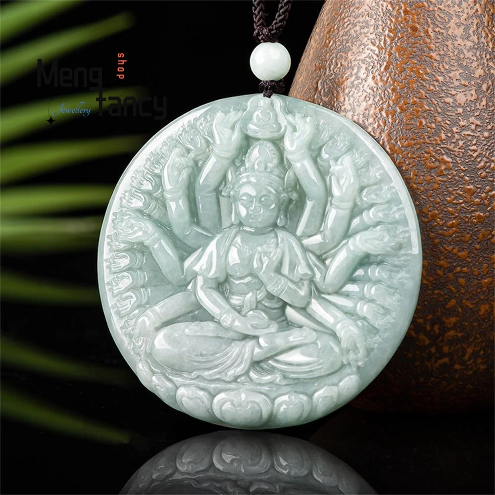 High-grade Natural Jadeite A-goods Light Green Jade Thousand Hands Guanyin Pendant Buddhist Amulets Exquisite Fashion Jewelry