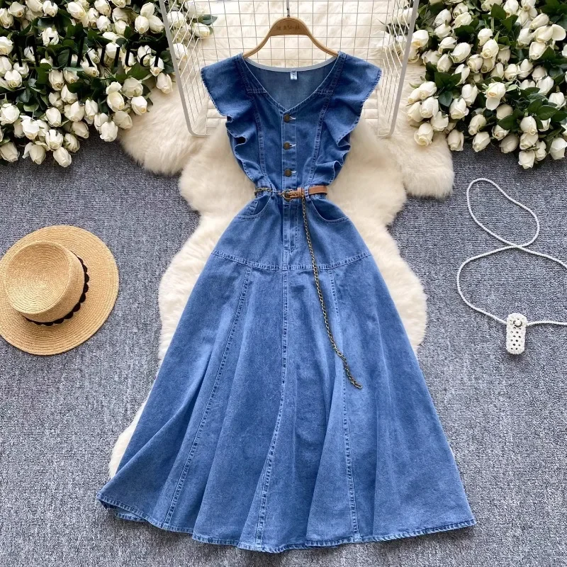 WAKUTA French Retro V-neck Wooden Earring Splicing Maxi Robe Fashion Single-breasted Waist Thin Denim Vestidos De Tricô Femenino