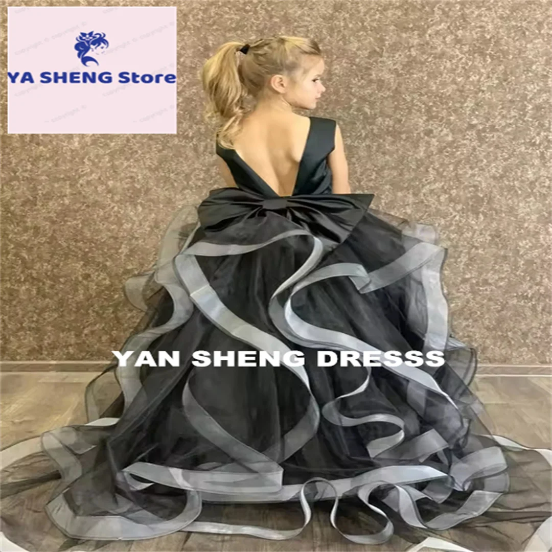 

Customized Black Flower Girl Dresses Sleeveless Tulle Ruffles Bow Tie Back Pearls Belt Princess Child Dress For Chrismas Party G