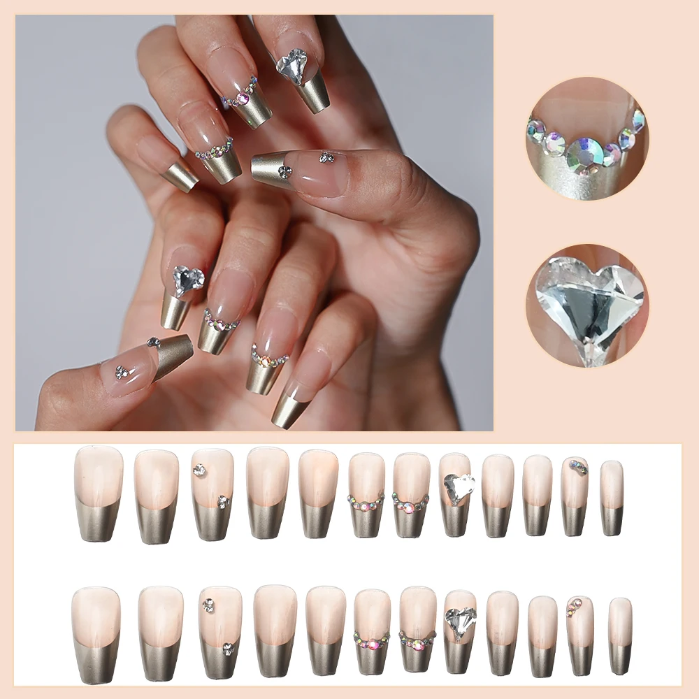 棺の形をした長い偽の爪,真珠のラインストーンが付いたピンクの弓,完全にカバーされた偽の爪,フランスのデザイン,24個