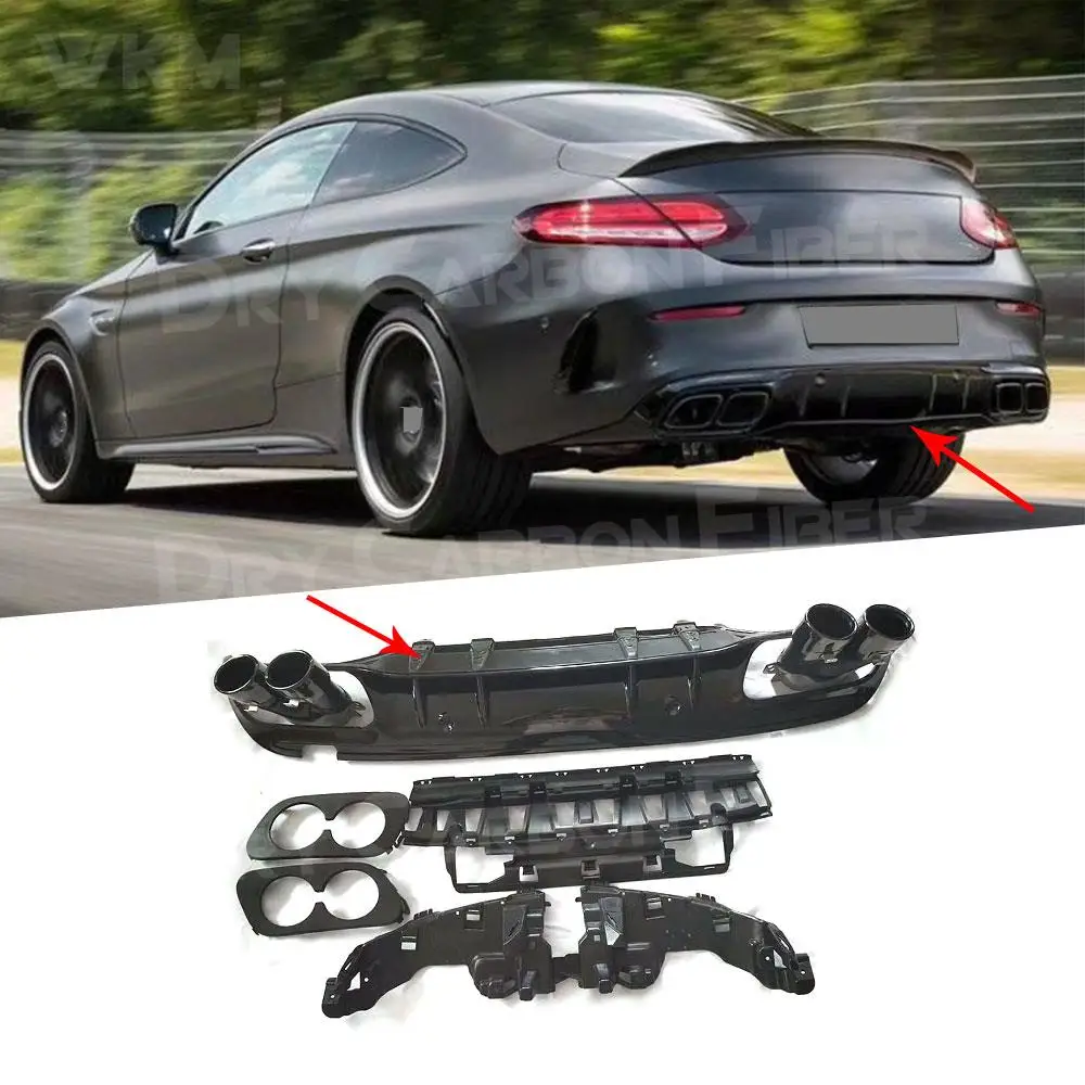 for Mercedes-Benz C Class W205 C205 C43 C63 AMG 2015-2020 Rear Bumper Diffuser Lip with OO-OO Exhaust Tips Rear Bumper Guard