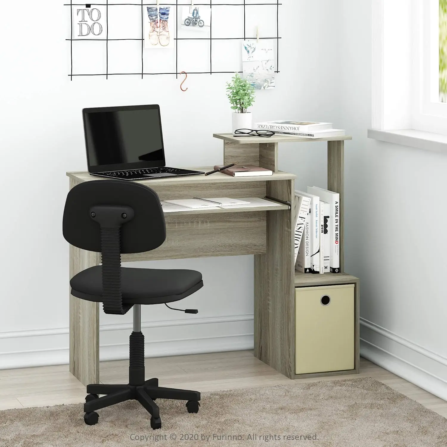 Compact Home Office Computer Desk with Keyboard Tray & Storage Shelves, Sonoma Oak/Ivory Finish for Small Spaces