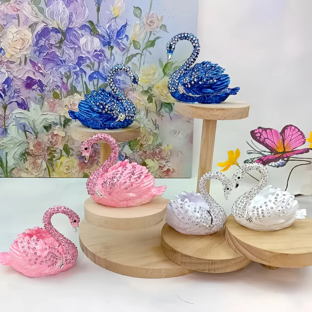 European-style diamond-encrusted enamel painted swan jewelry box ring box high-end dressing table bedroom decoration decorations