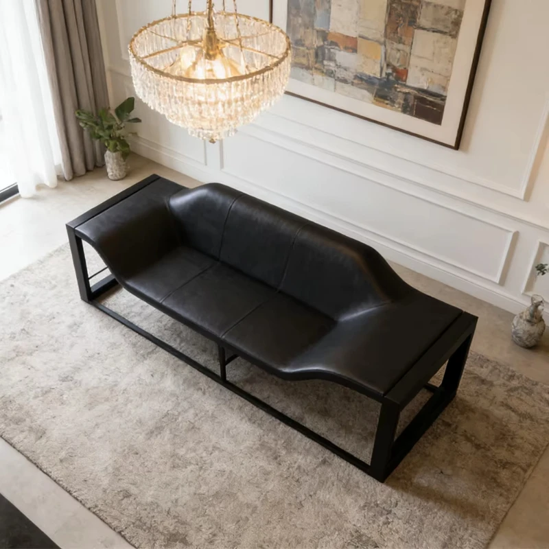 

Nordic leather sofa black metal frame sofa three-seater designer living room furniture office bench