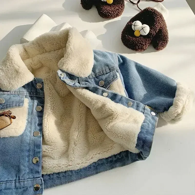 Children coats fleece thickened denim jacket new style 2023 winter new girls Korean warm denim clothes boys baby fashion