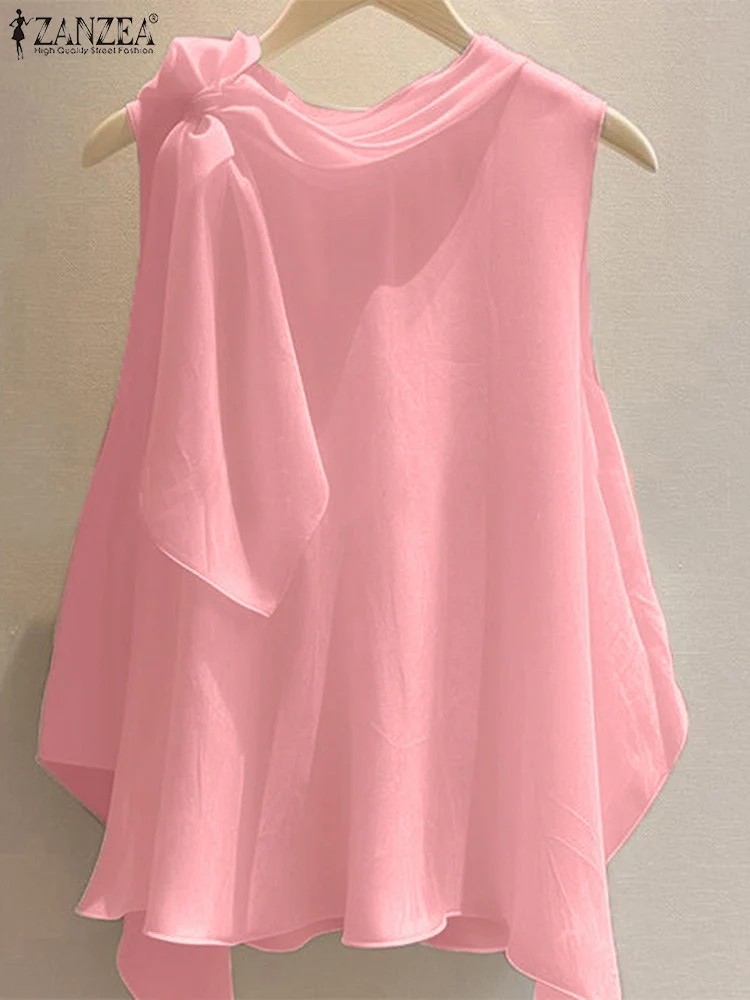 ZANZEA Damskie Koszulki T-shirty Letnie Bluzki 2025 Jednolite Bez Rękawów Modne Asymetryczne Tuniki Codzienne Luźne Szale Dekolt Okrągły Pulowery