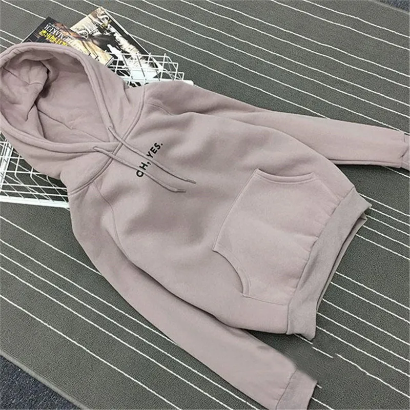 

Autumn Winter Fleece Oh Yes Letter Harajuku Print Pullover Thick Loose Women Hoodies Sweatshirt Female Casual Coat