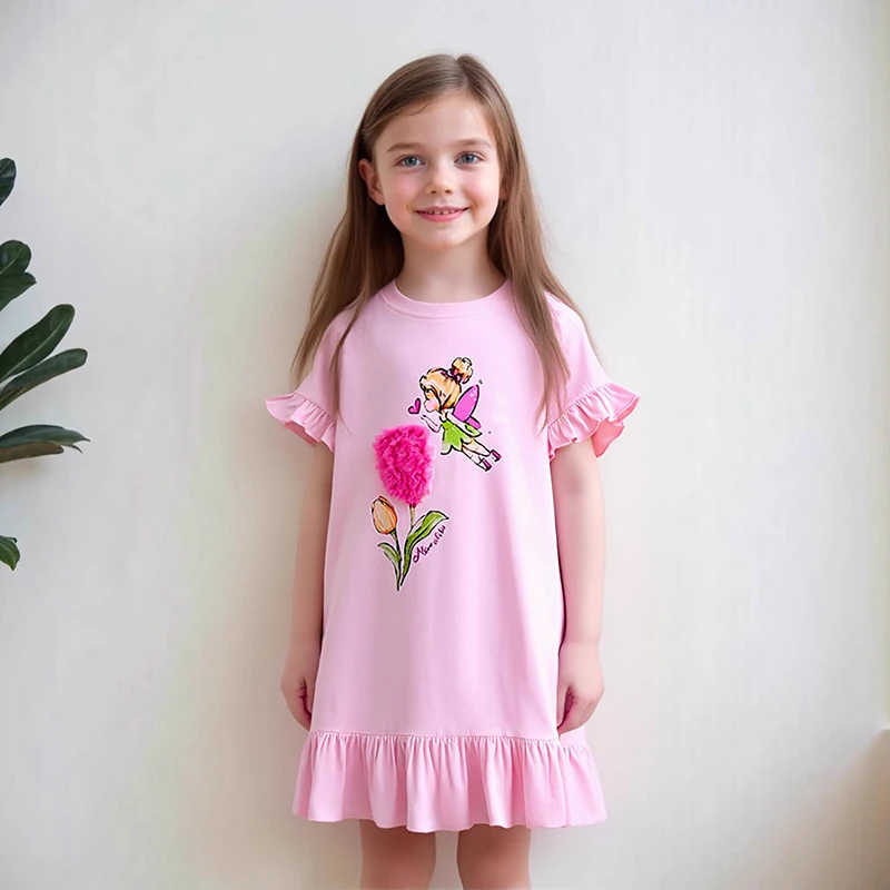 Little Maven Kleinkind Mädchen 2026 Sommer Neues Kleid Baby Freizeitkleider Cartoon Blumen Engel Rosa Kleider für Kinder Kleidung Baumwolle