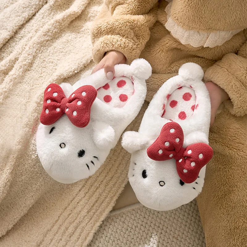 Sanrio autumn and winter Hello Kitty cute warm home women's shoes cartoon polka dot non-slip thick-soled plush cotton slippers